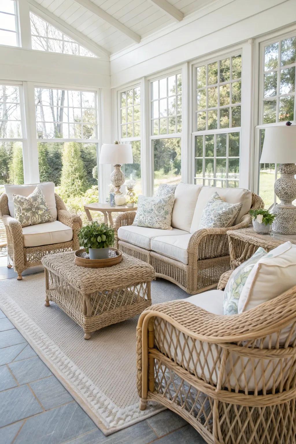 Raffia features offer timeless appeal to this sunroom area.