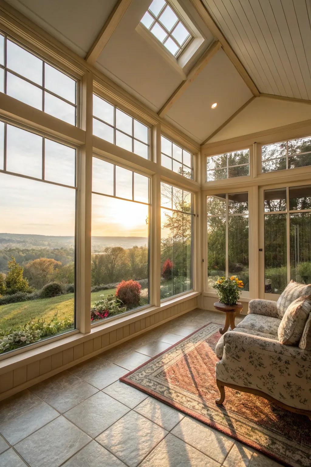 Floor-to-ceiling windows maximize natural light within your sunroom.