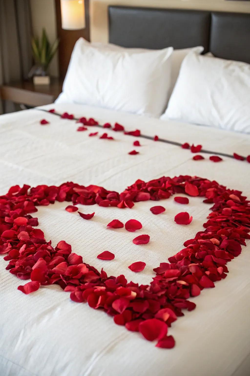 Romantic floral petals artistically arranged across the bed.