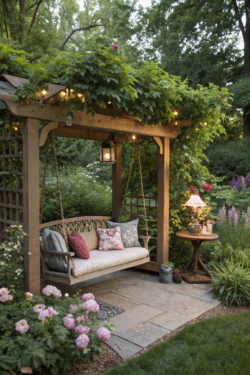 An Adirondack swing creates a cozy nook for relaxation.