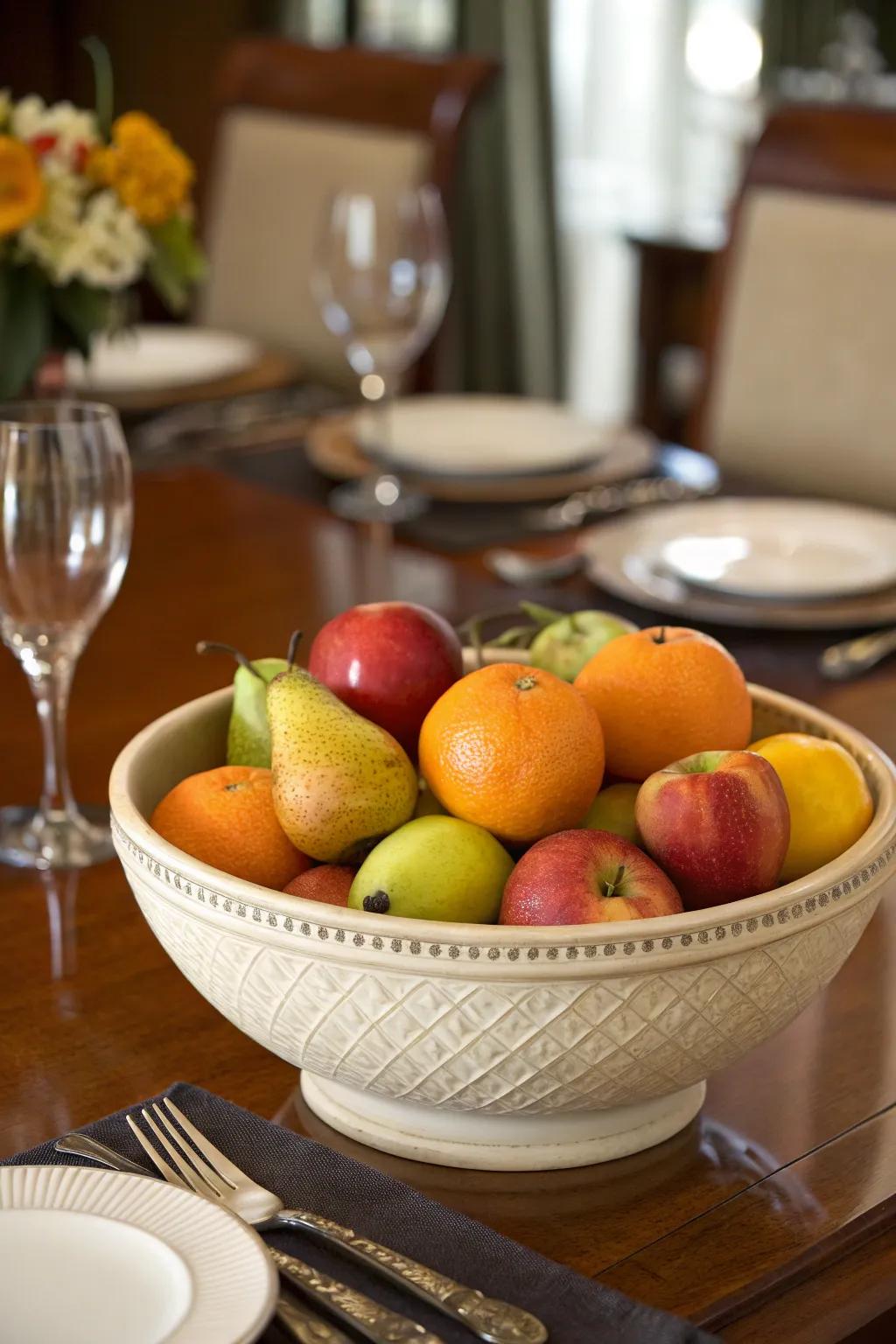 A ceramic bowl brimming with colorful fruits acts as a refreshing centerpiece.