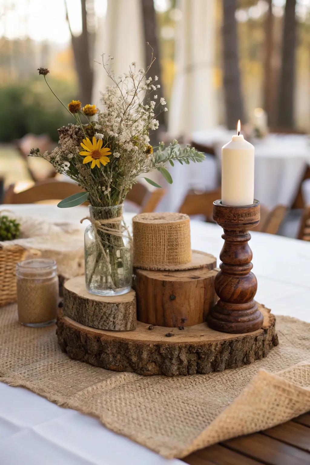 Rustic materials infuse the table with warmth and texture.