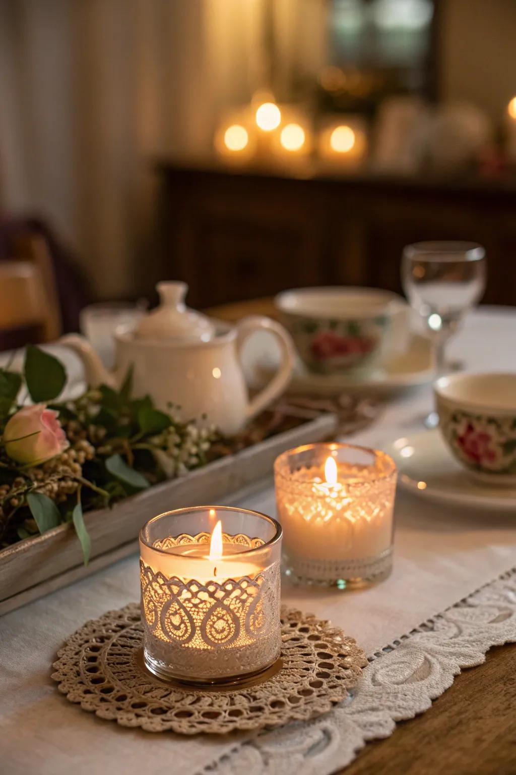 Candles cast a welcoming and warm glow on your tea party.