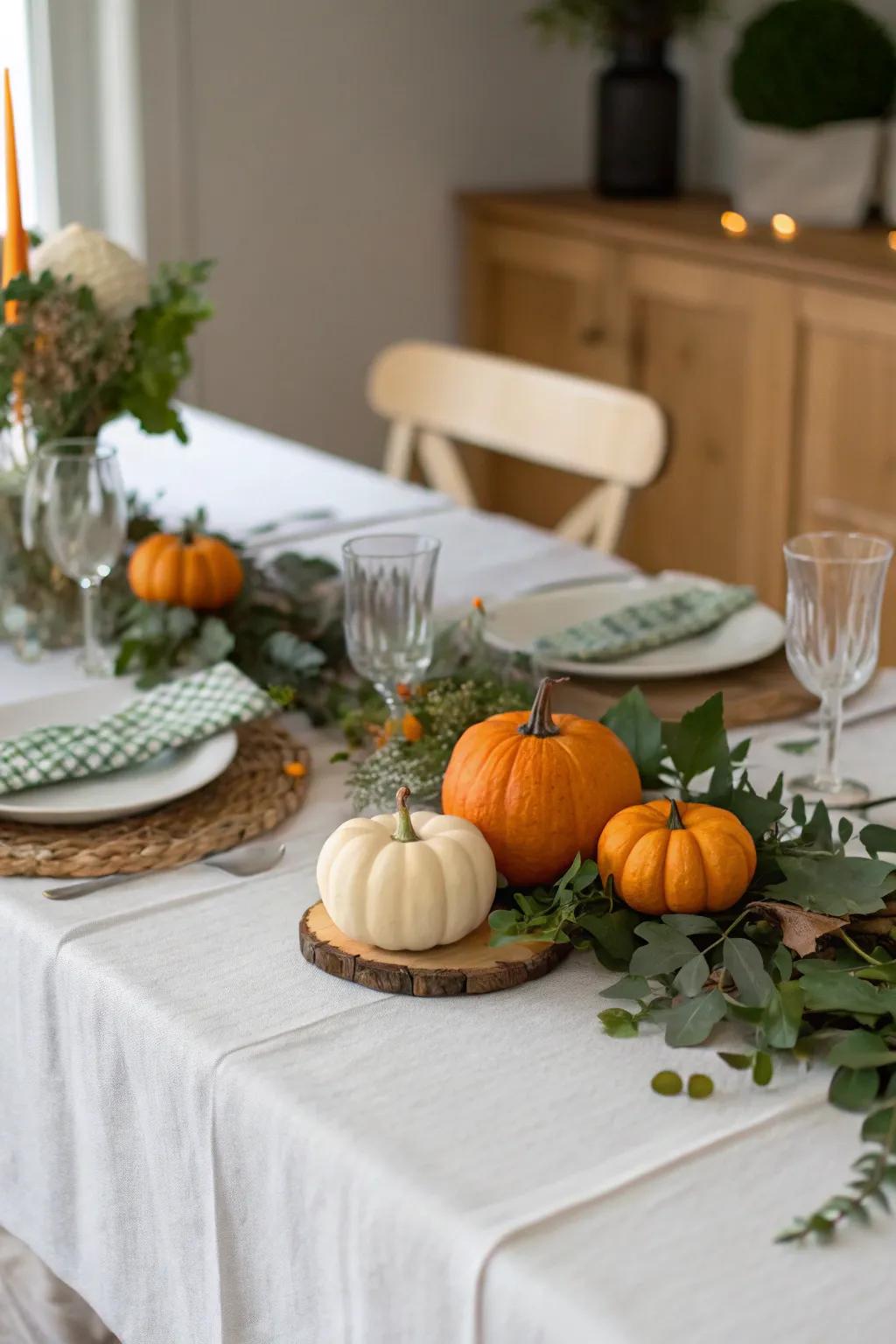 Seasonal embellishments such as gourds and foliage add appeal to the table.