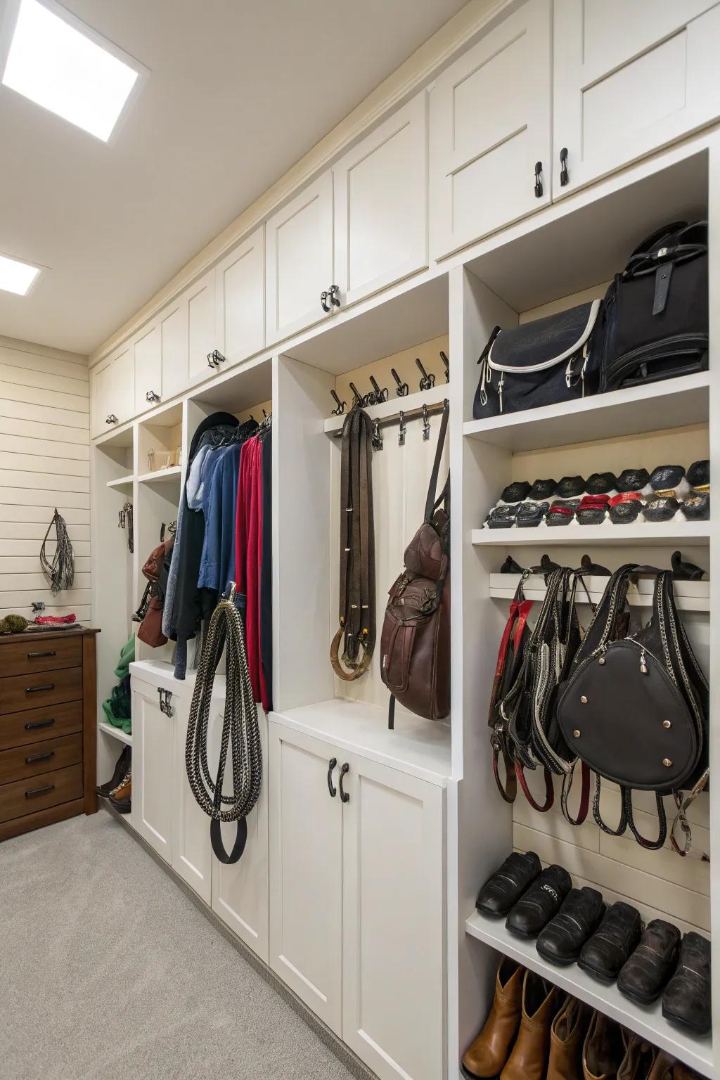 Practical furniture in a tack room, fully utilizing vertical storage.