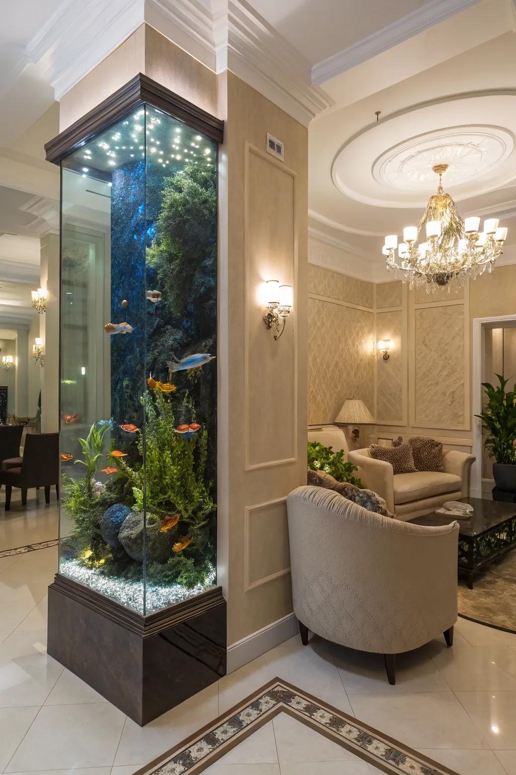 A high aquarium making a strong impression in a corner of a room.