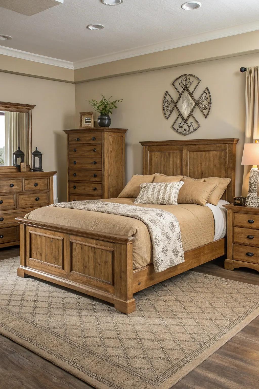 The tan color scheme in the bedroom is beautifully enhanced by wooden furniture.