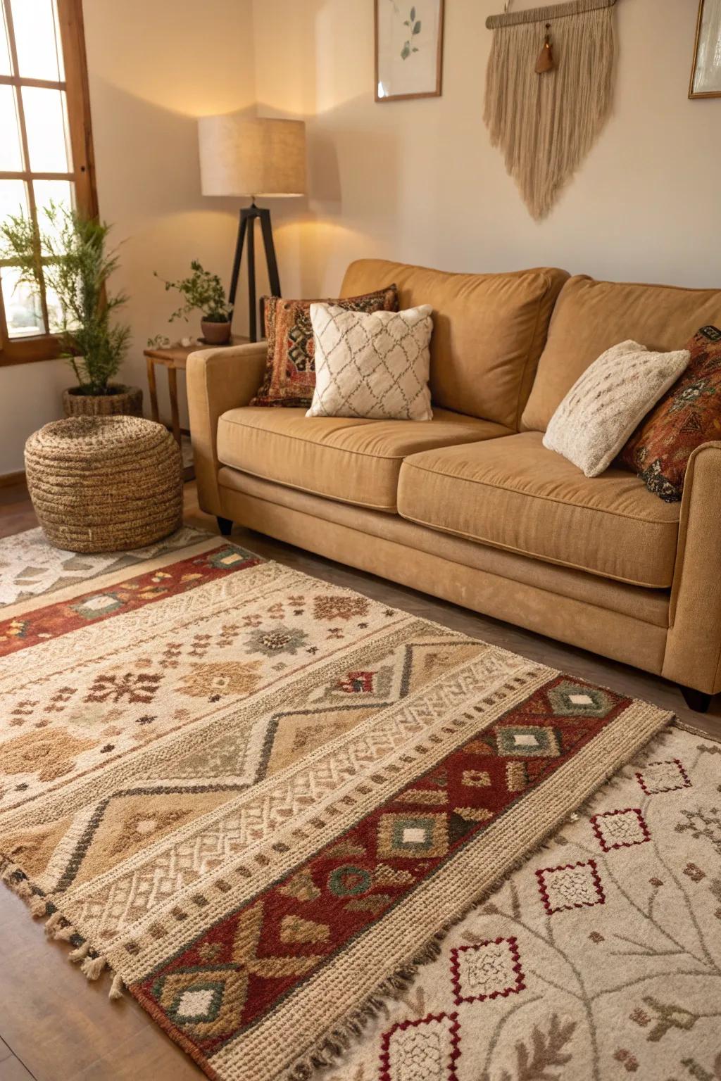 Strategically placed area rugs enhance the overall aesthetic of a living space.