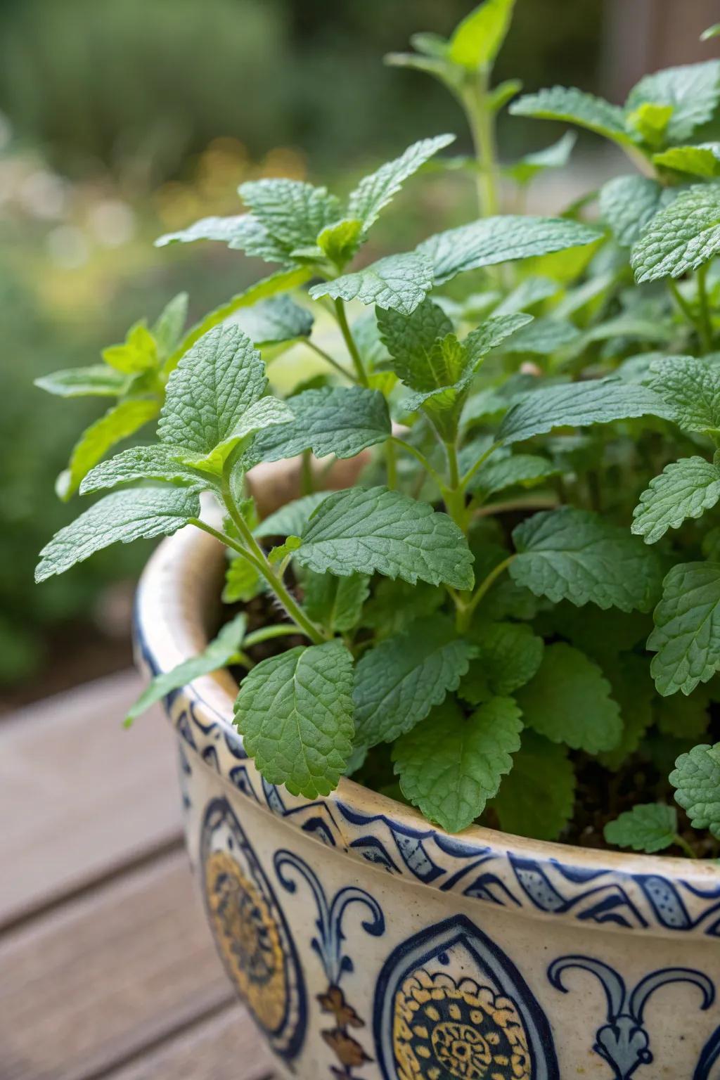 Lemon balm flourishing in a ceramic pot, prepared to infuse your tea having a citrusy twist.
