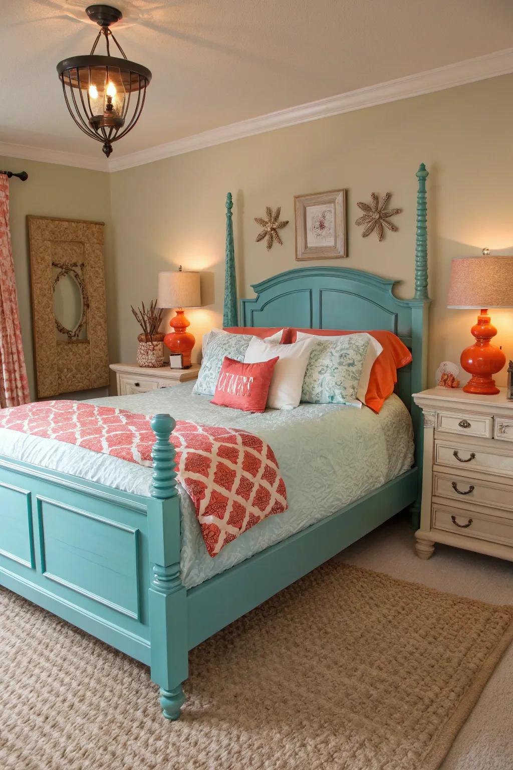Teal bed frame highlighted with coral elements for elegance.
