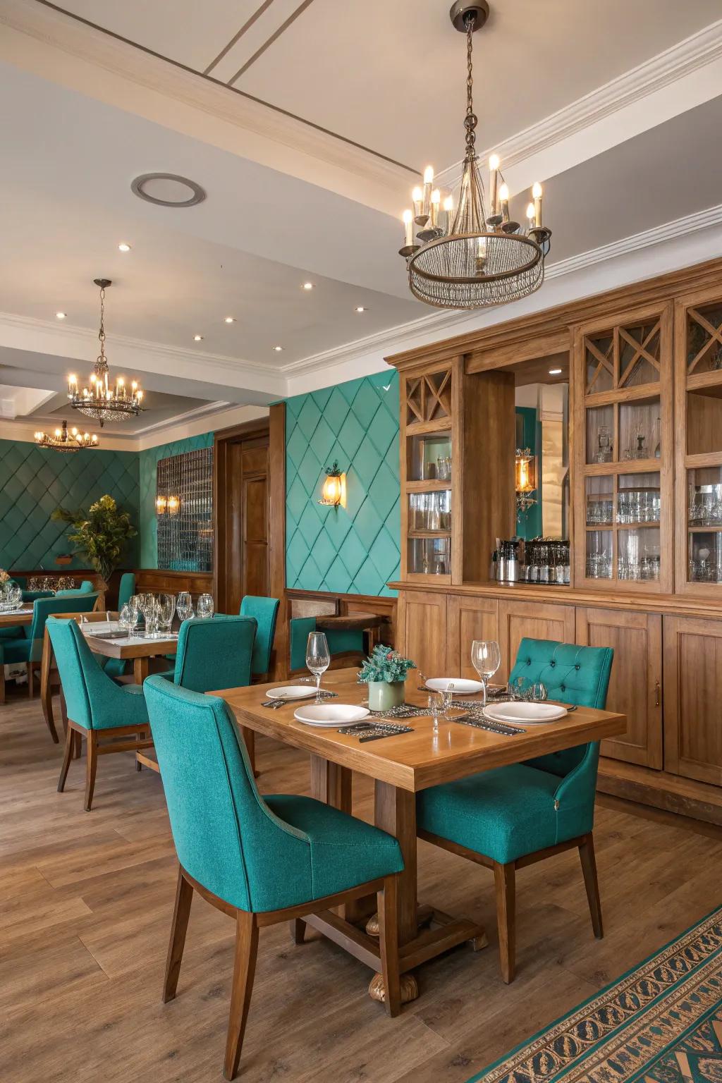 The blend of wood and teal creates a calming dining setting