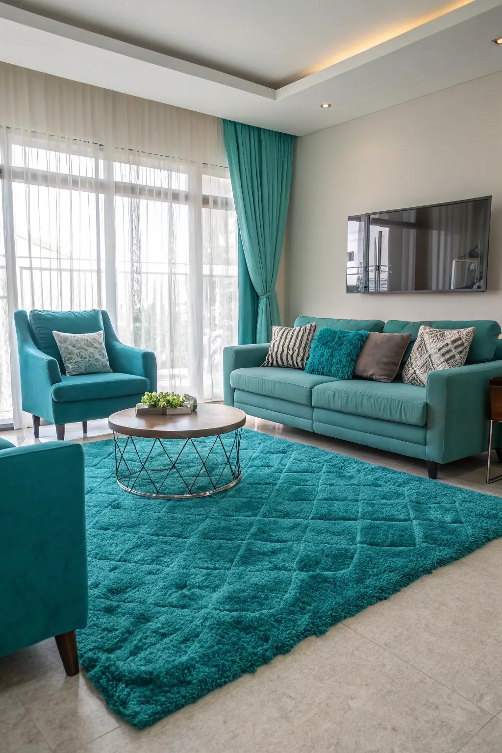 This fashionable living room is anchored by a teal rug that brings color and texture to the space.