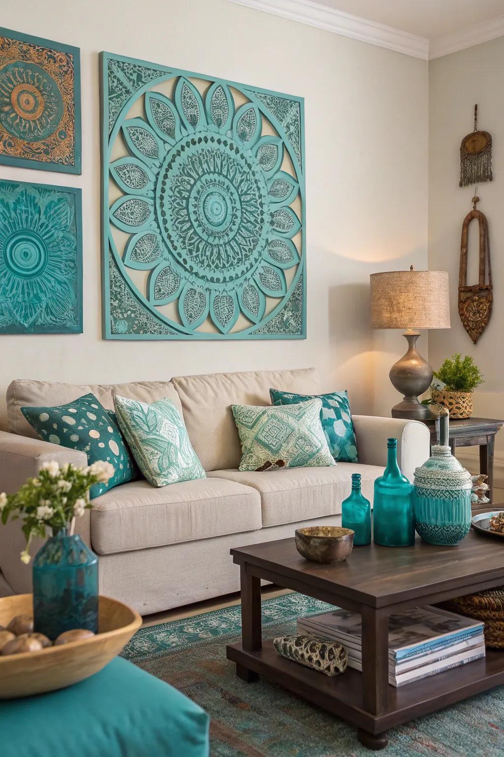 Teal and turquoise wall art brings the room&rsquo;s color scheme to life.