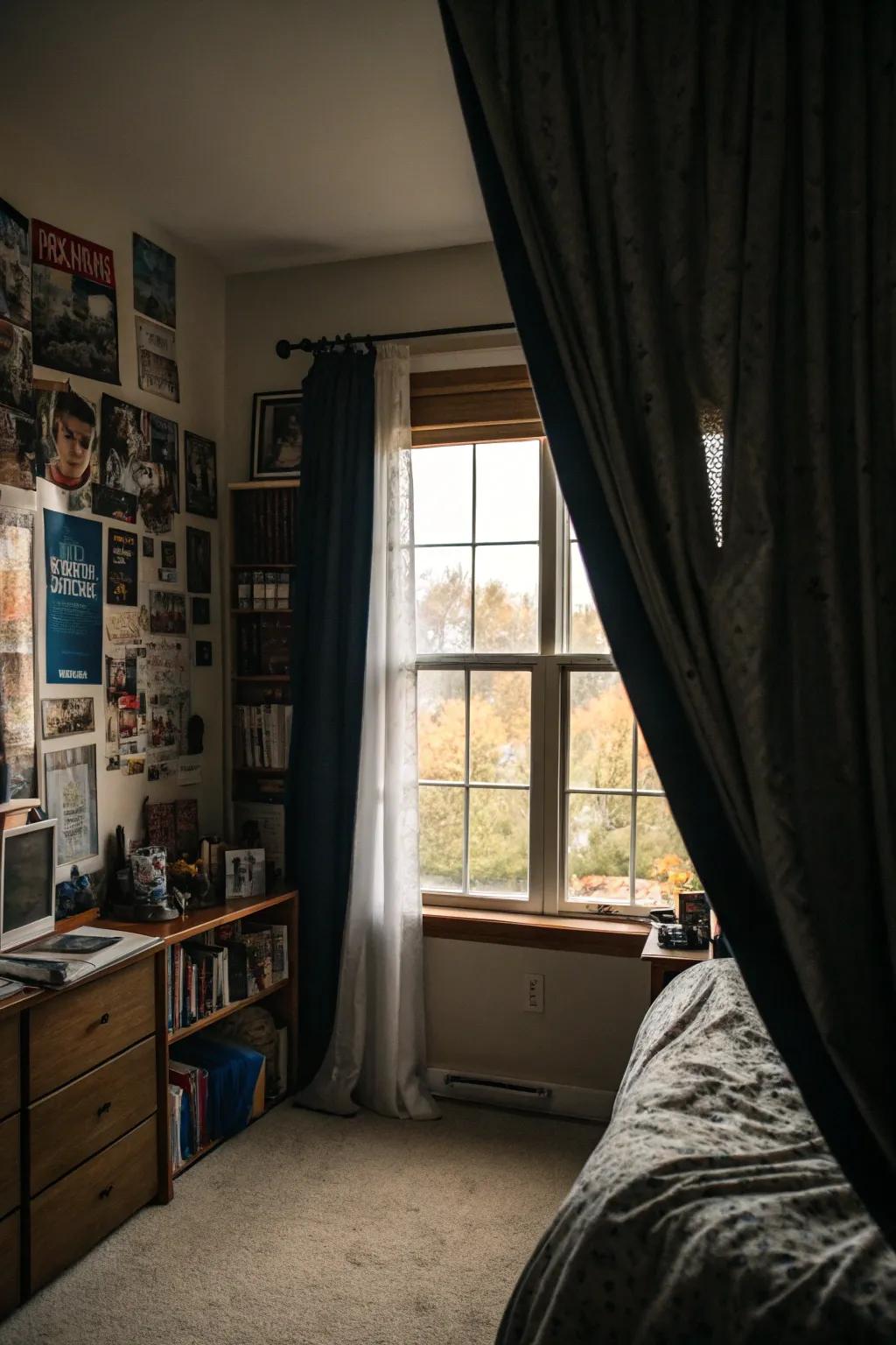 High-contrast drapes make windows stand out.