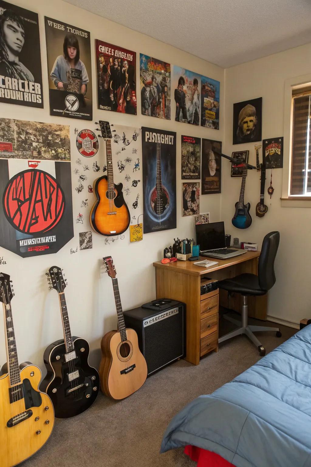 A teen boy's room with a music-inspired wall featuring guitars.