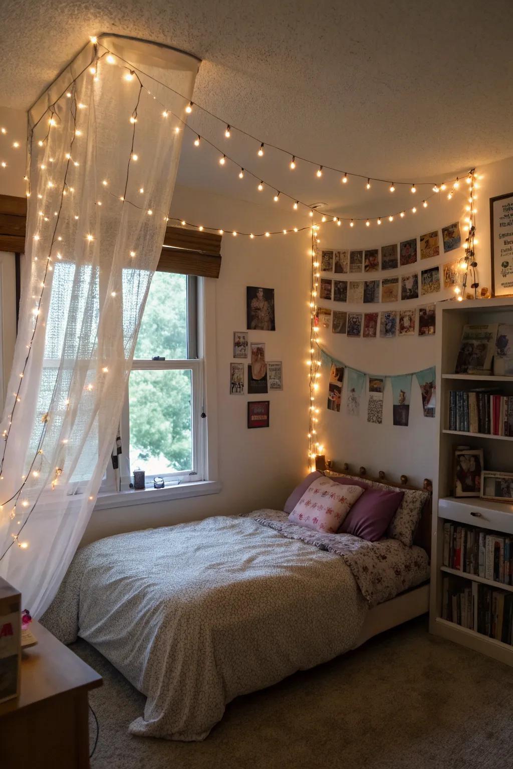 String lights bring a magical atmosphere to this comforting teen girl bedroom.