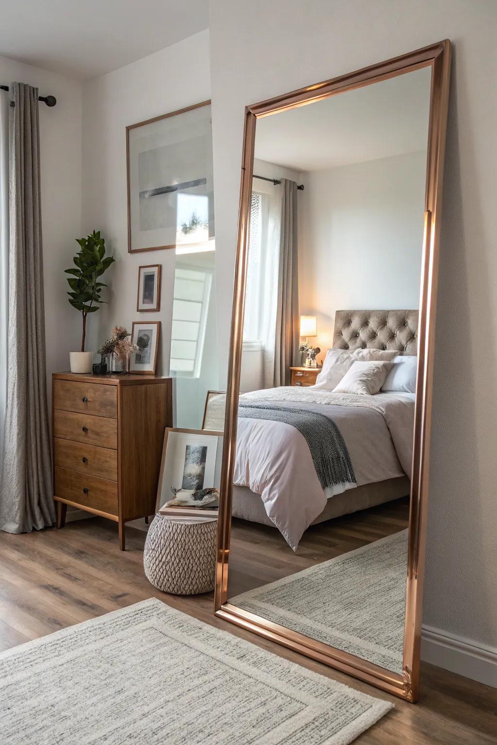 Mirrors featuring rose gold frames can open up your space.