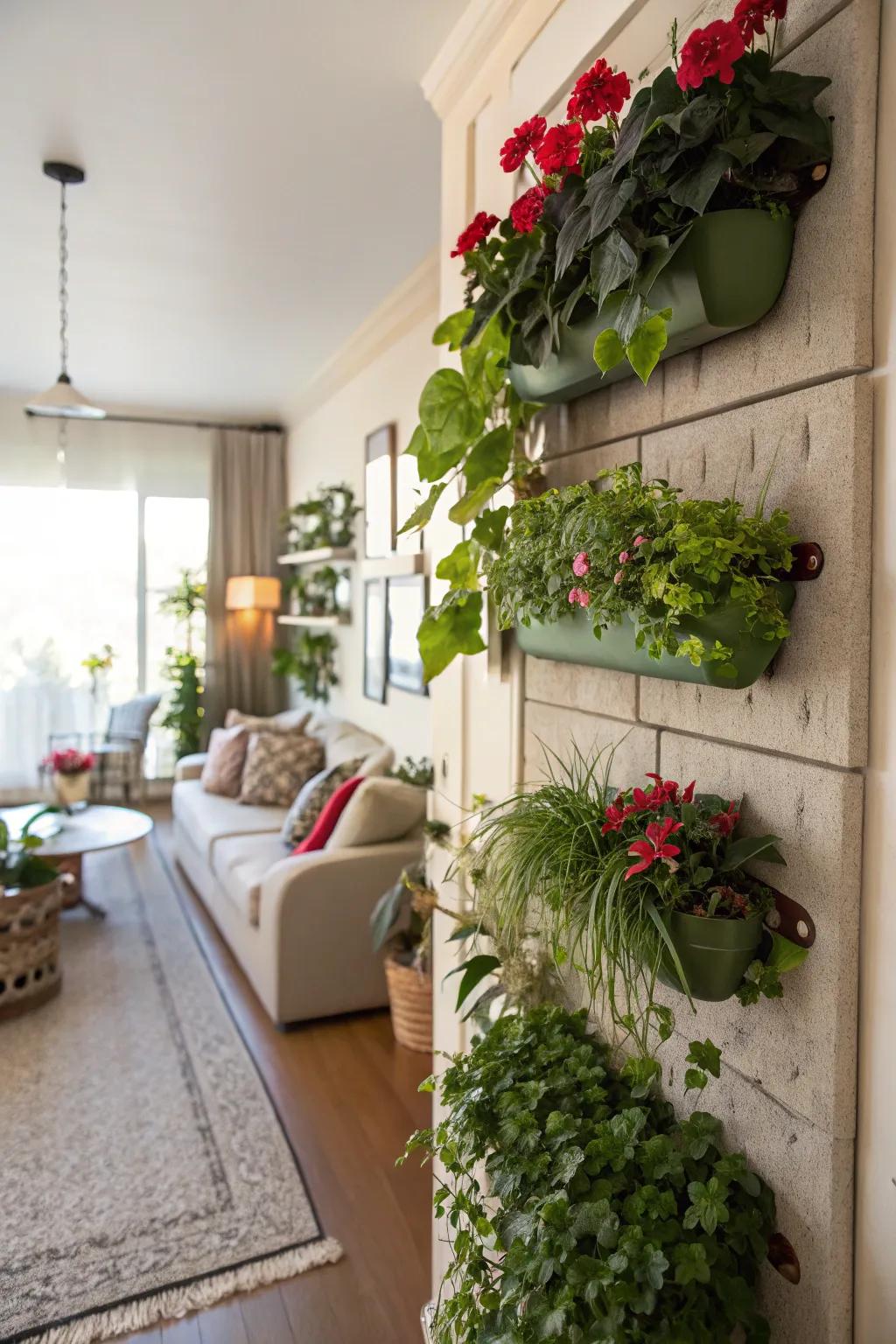 Wall-mounted plant holders enhance a movable wall with abundant greenery.