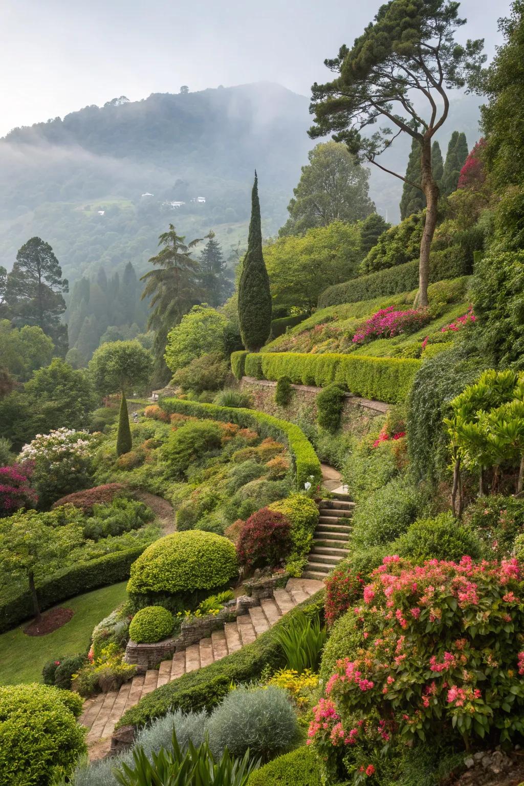 A terraced garden lush with greenery, creating a calming and natural atmosphere.