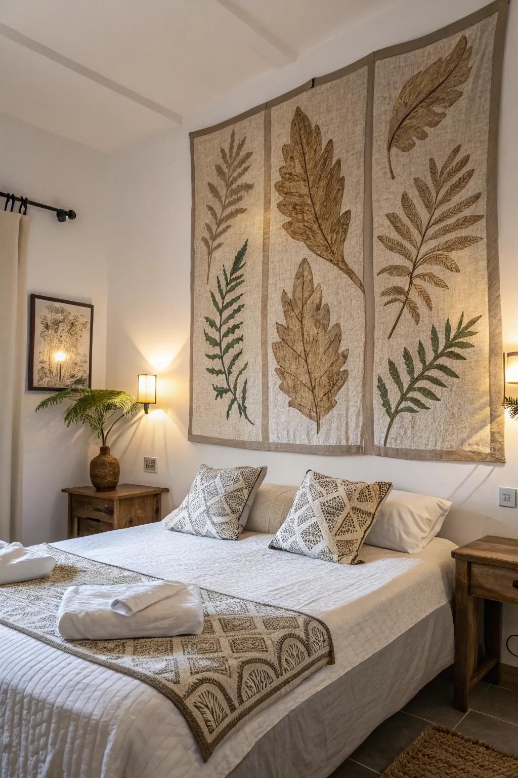 In this calm bedroom, herbal foliage patterns create a calming ambiance.