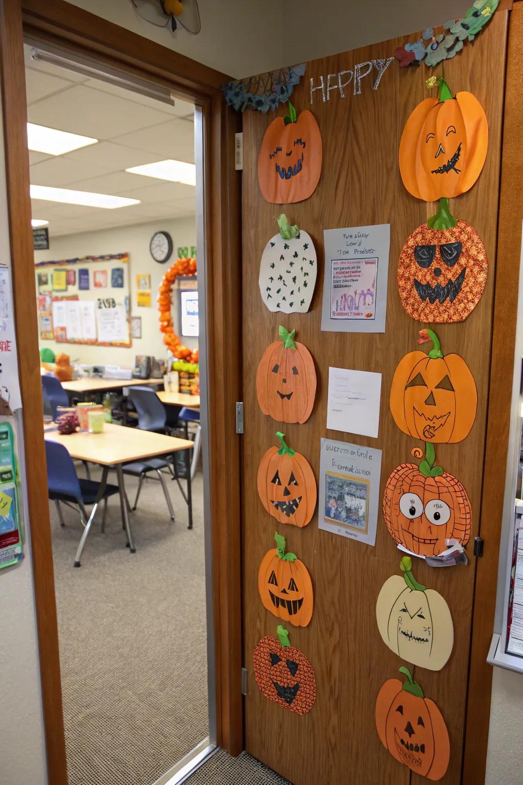 An energetic pumpkin patch door design celebrating the harvest.