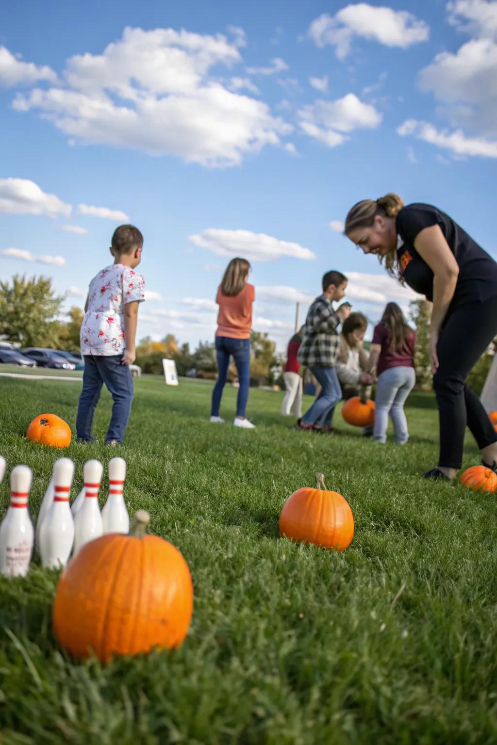 A vibrant game of Pumpkin Bowling in the yard.