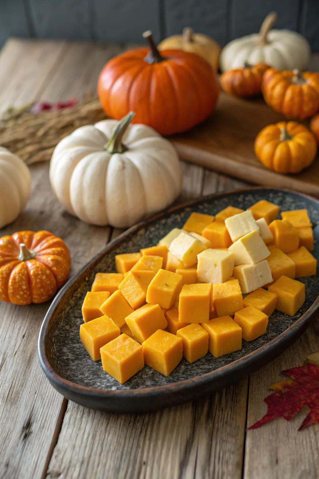 An enchanting autumn squash and cheese board that captures the hues of the season.