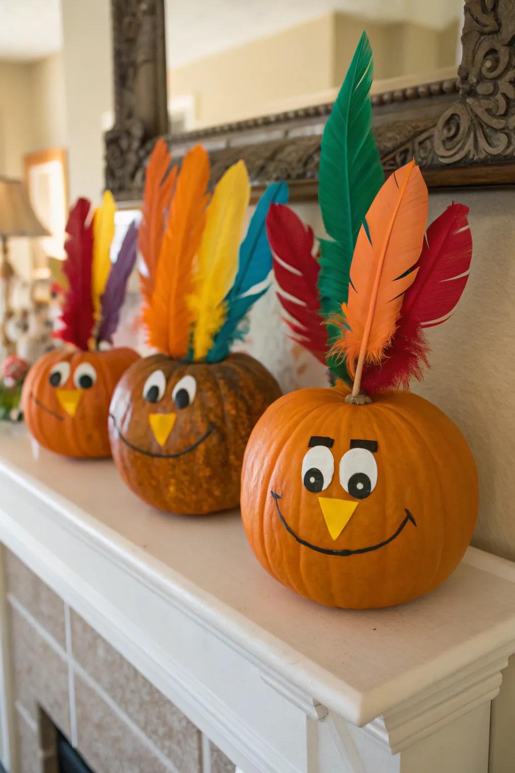 Endearing turkey-inspired pumpkins incorporating a playful feel.