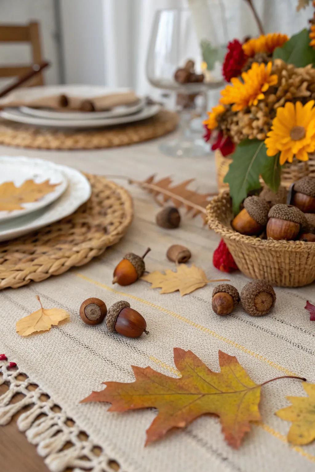 Natural components such as nuts and leaves enhance the table's rustic allure.