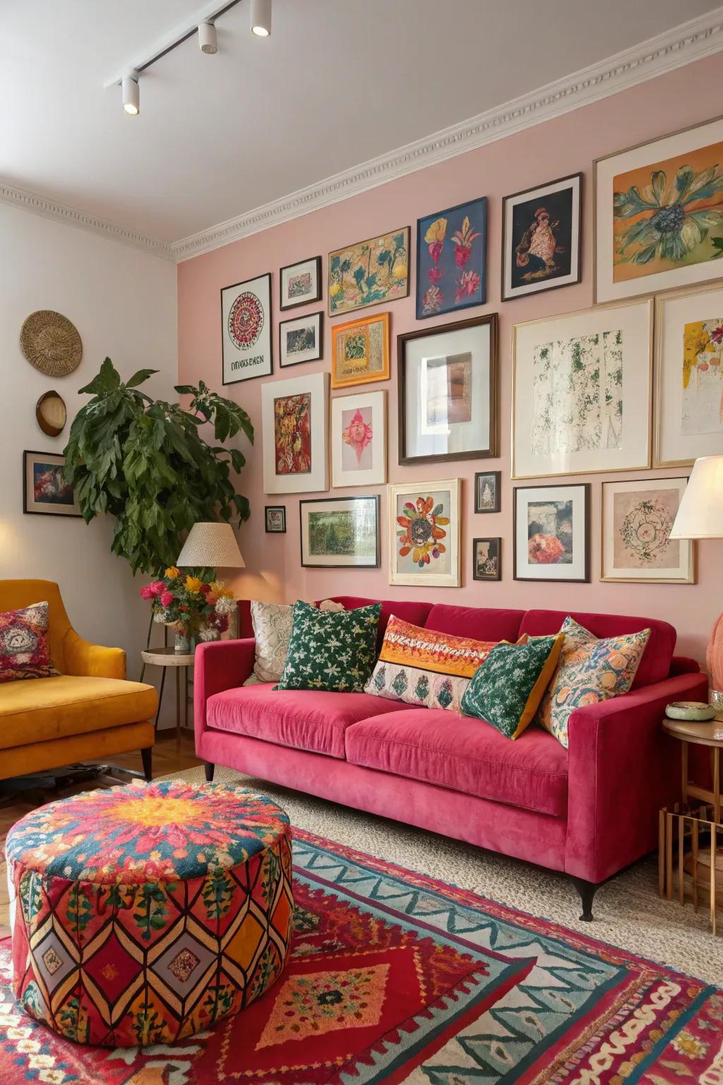 An eclectic living room showcasing dynamic colors and textures.