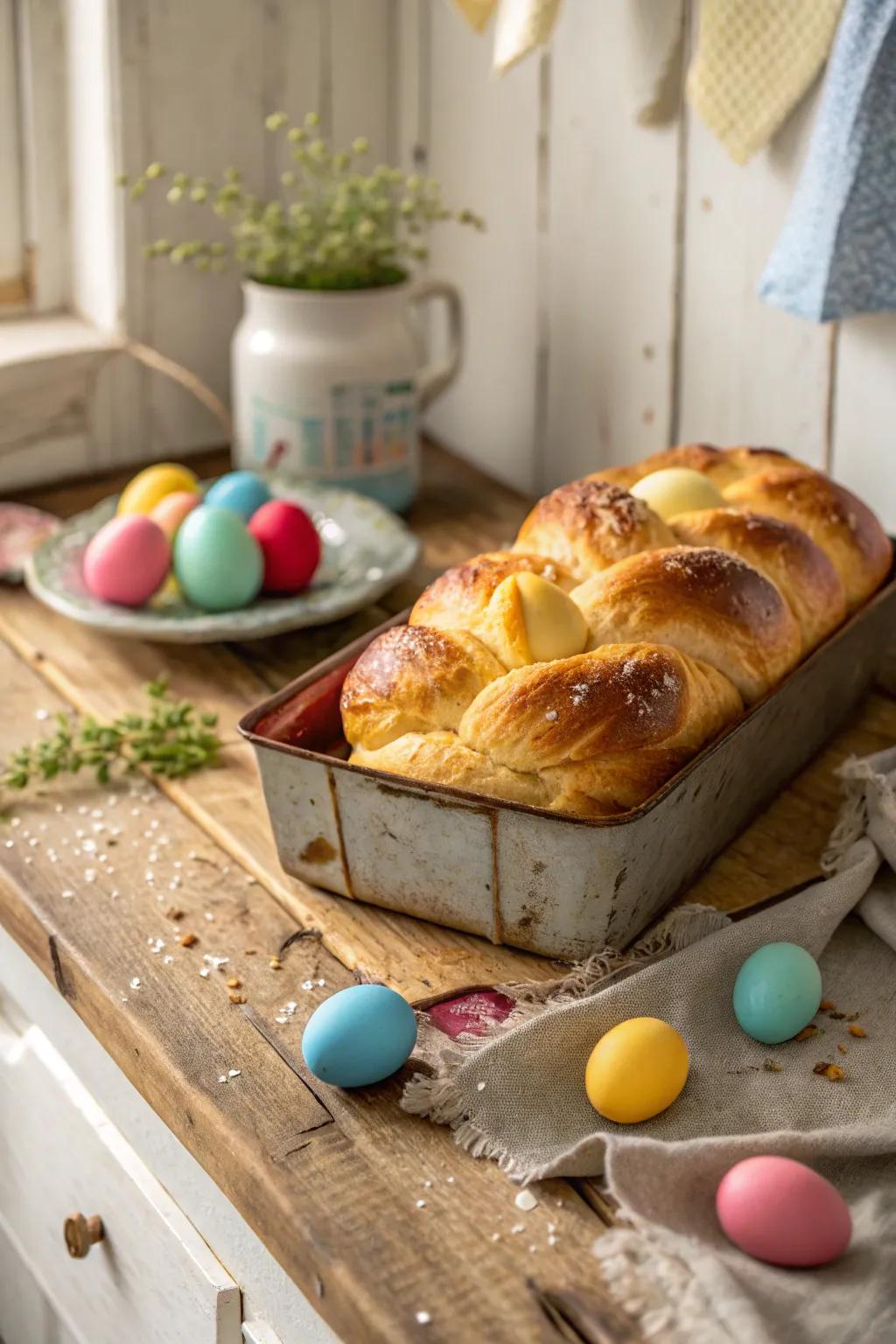 Handmade braided Easter loaf, newly prepared.