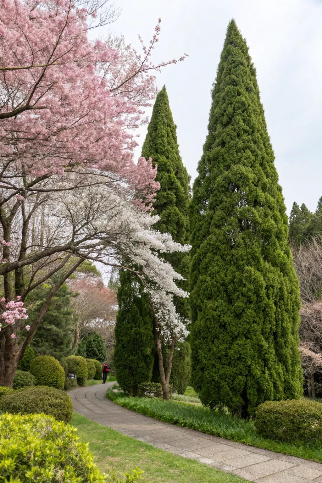 Fashion a remarkable contrast with Arborvitae and flowering Japanese Magnolia trees.