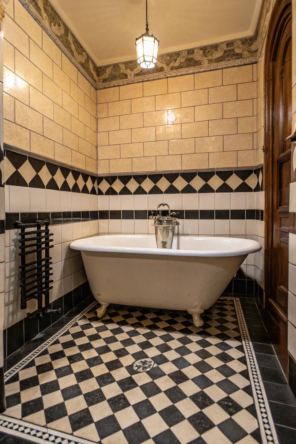 Checkerboard tiles introduce a timeless vintage element to your bathroom.