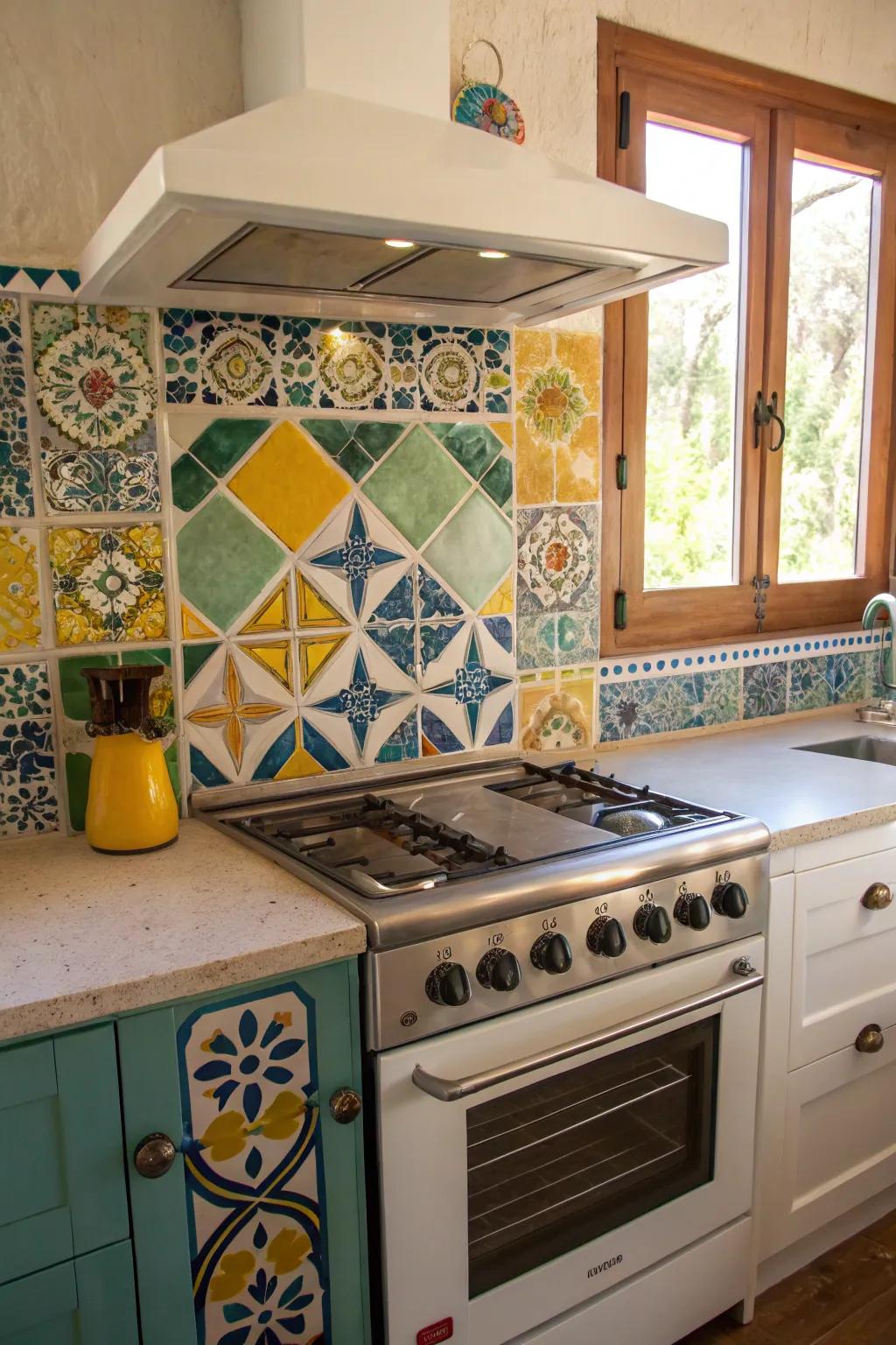 A vibrant mosaic backsplash introduces a burst of color and creative flair.