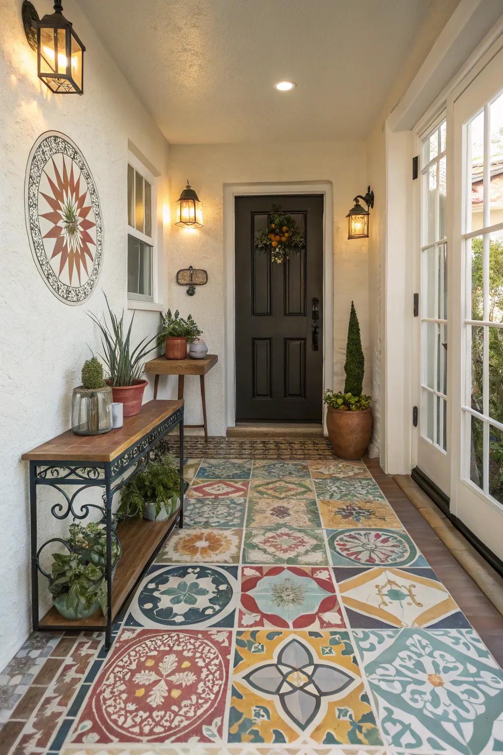 A vibrant and pleasant entryway is created by patterned tiles.