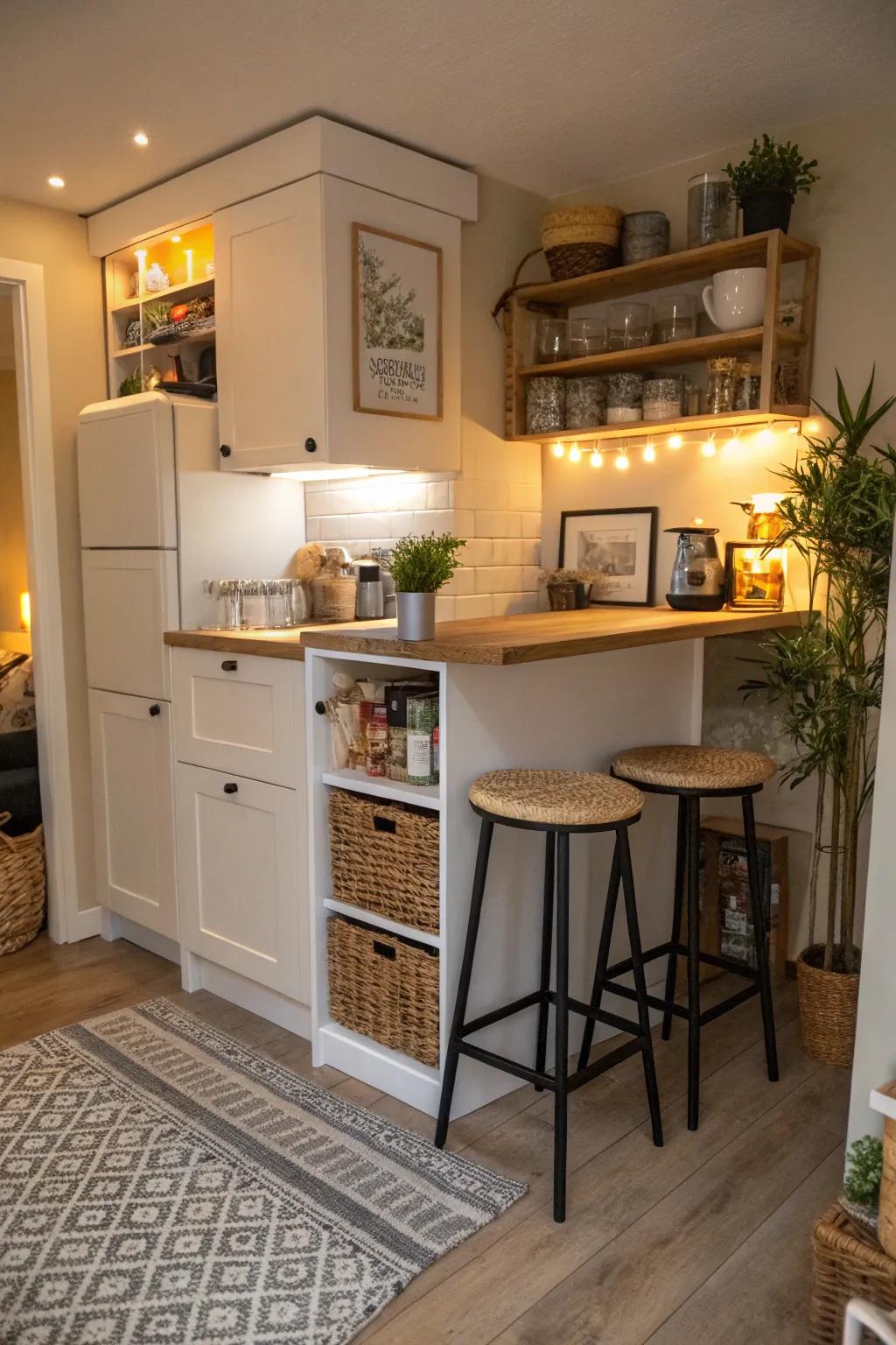 Furniture designed with multiple functions maximizes space within a small kitchen.