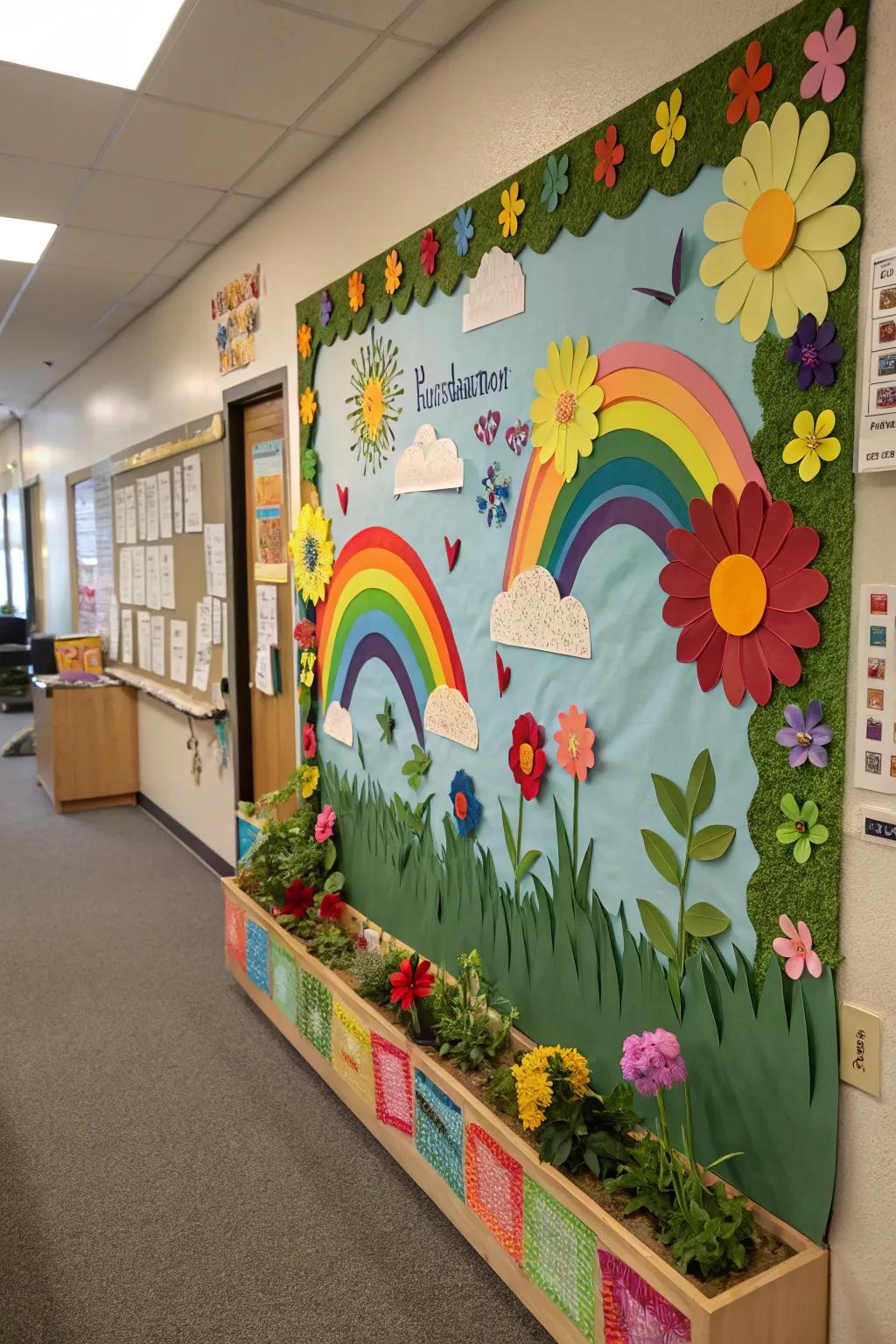 A nature-centered board decorated with flowers and rainbows.