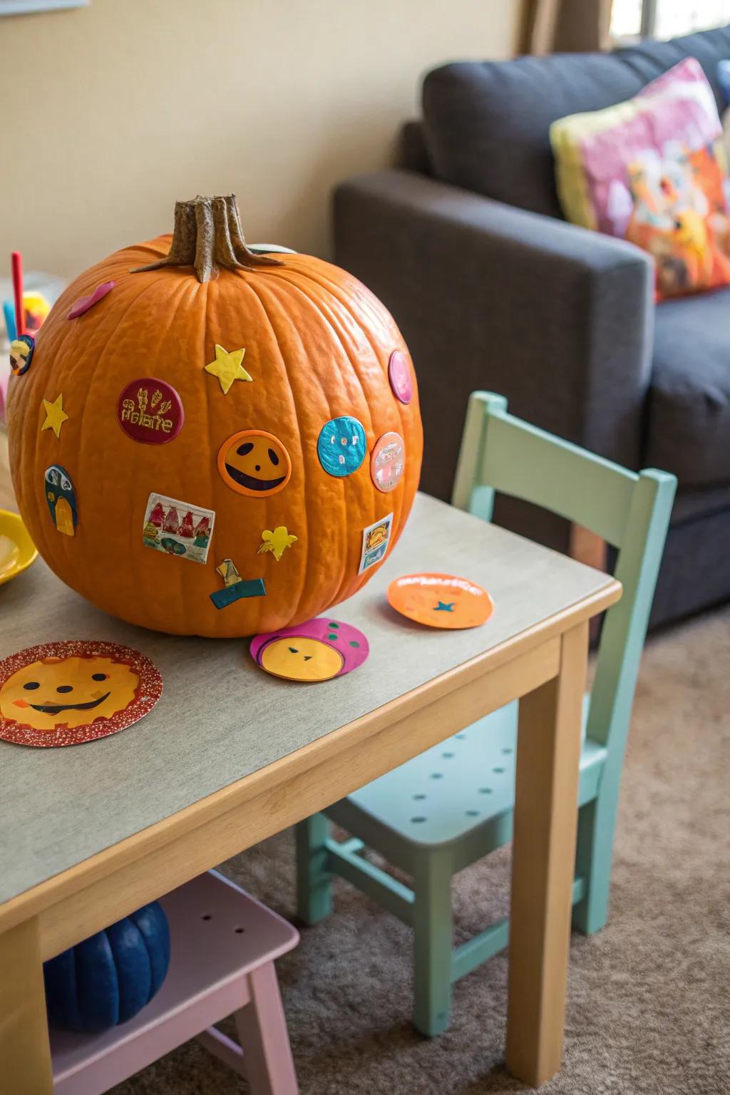 Stickers make decorating pumpkins simple and fun for toddlers.