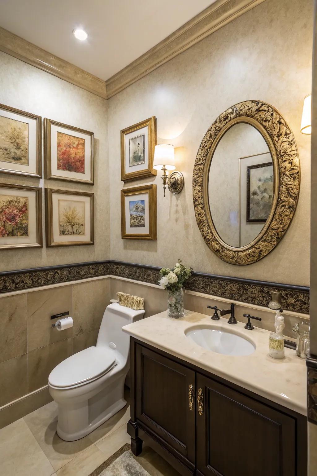 Refined details incorporating artwork and mirrors in a washroom.