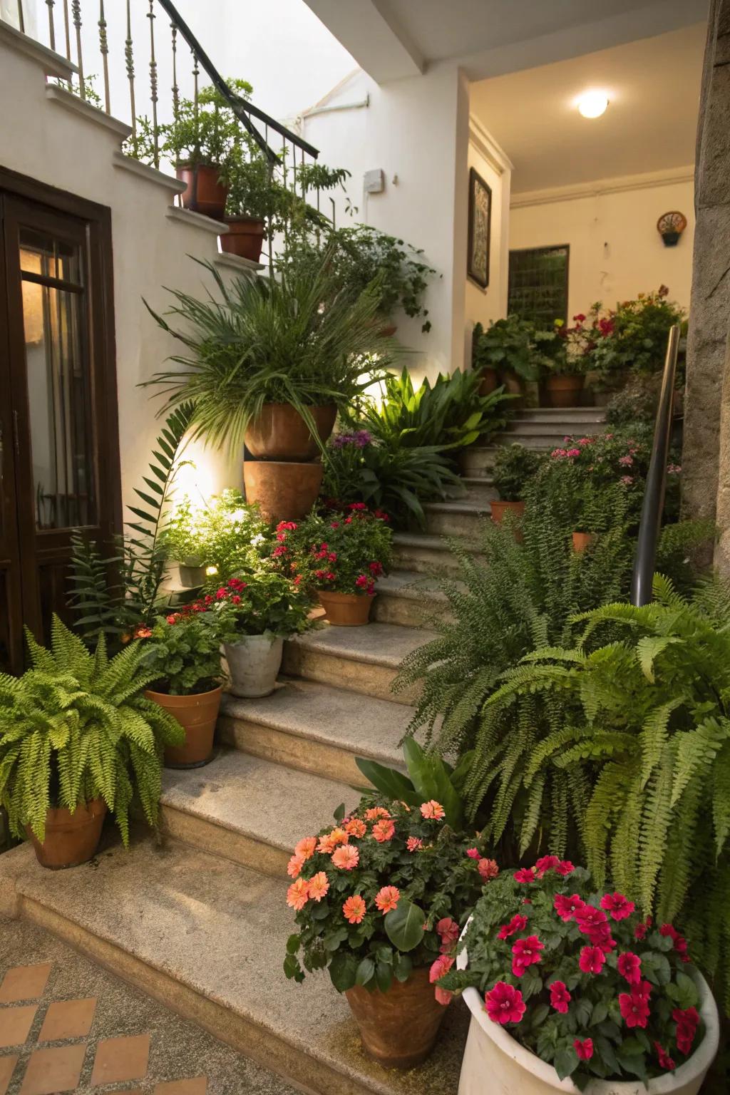Greenery injects a revitalizing element into your stairway space.