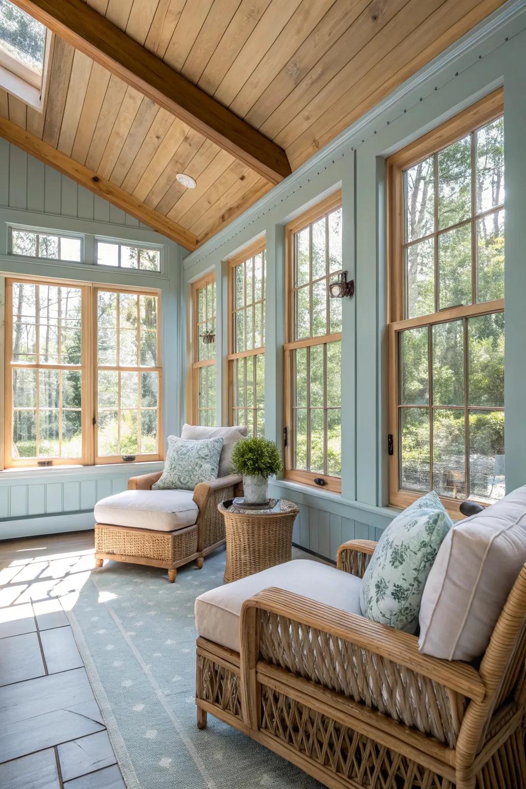Light blue walls creating an inviting and serene sunroom environment.