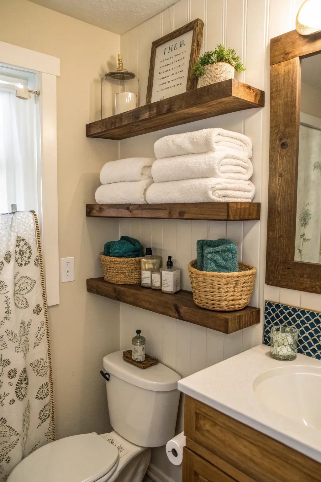 Hanging shelves add storage and visual appeal to compact bathrooms.