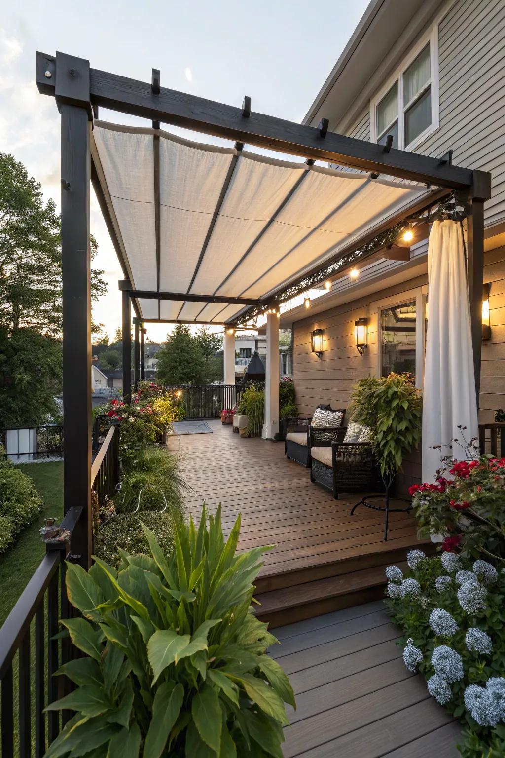 A pergola with adaptable features offers versatility, allowing enjoyment of sunlight or shade.