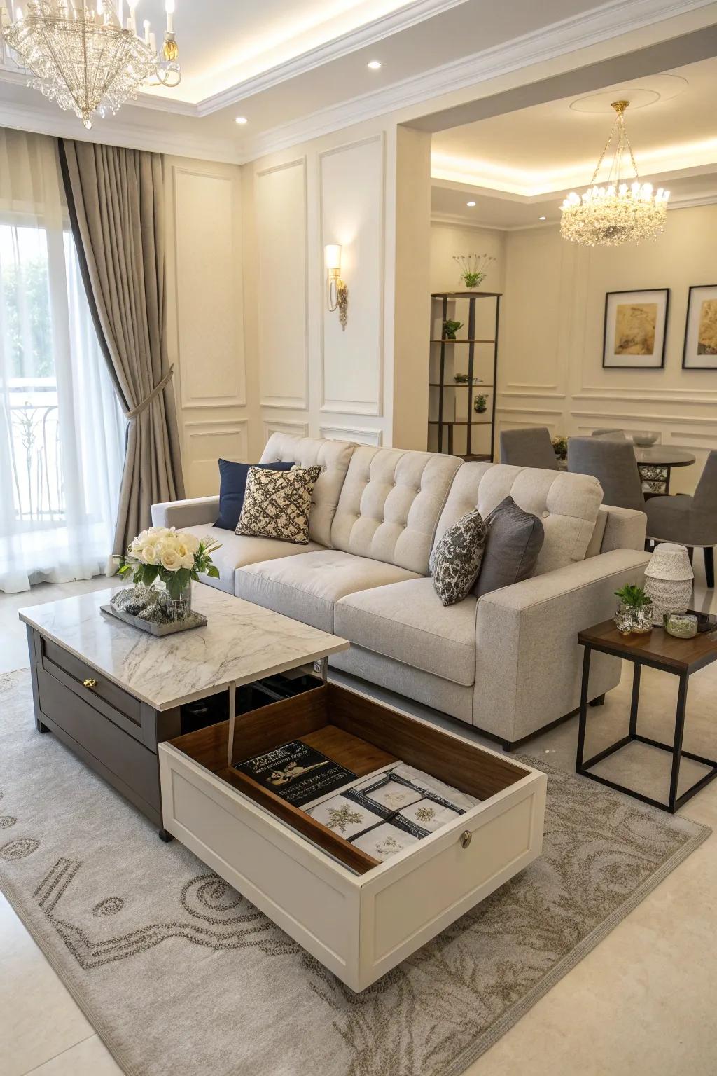 Living room featuring versatile, multi-functional furniture