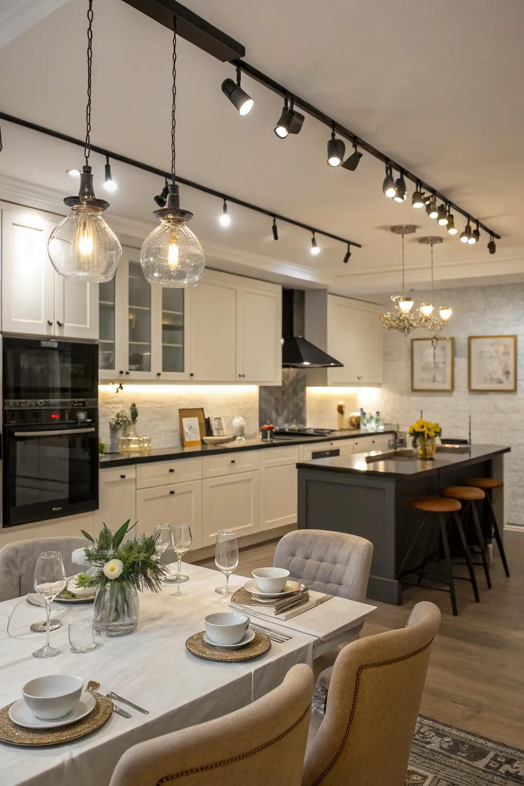 Elegant blend of track illumination and suspended lights in a kitchen