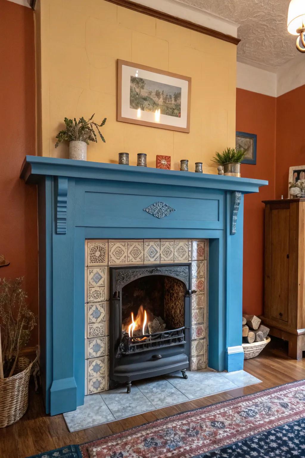 A muted cerulean fire surround brings a striking contrast.