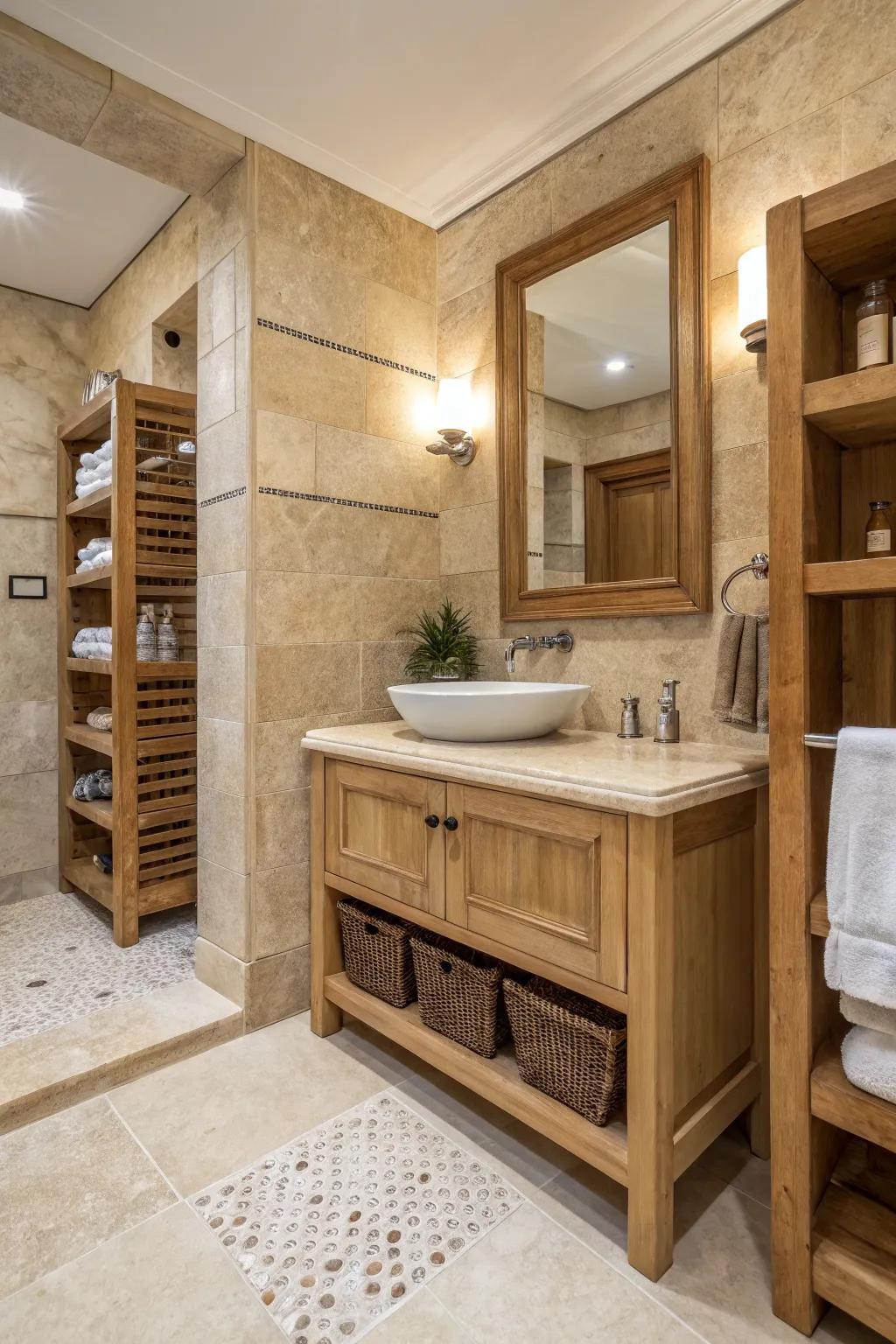 A travertine bathroom enhanced by a timber console and shelving for added warmth.
