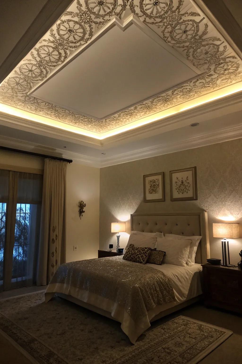 A bedroom featuring concealed lighting that casts a soft glow onto a tray ceiling.