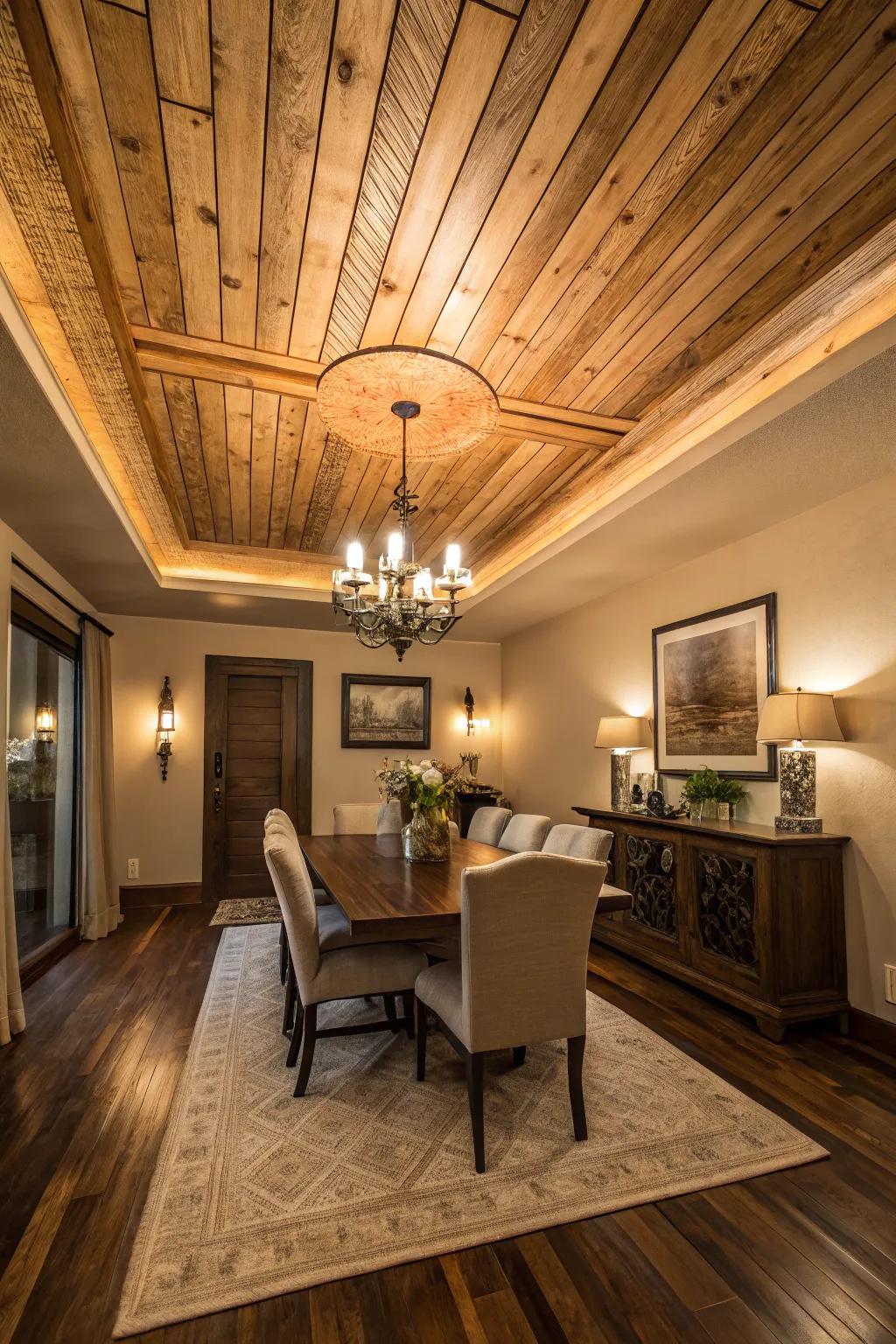 A dining room boasts warm, inviting wood features on the tray ceiling.