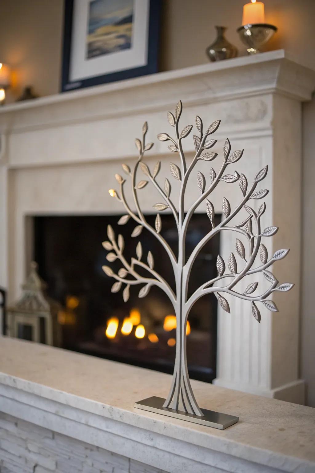 Minimalist metallic Arbor Vitae limb ornament placed above a fireplace.
